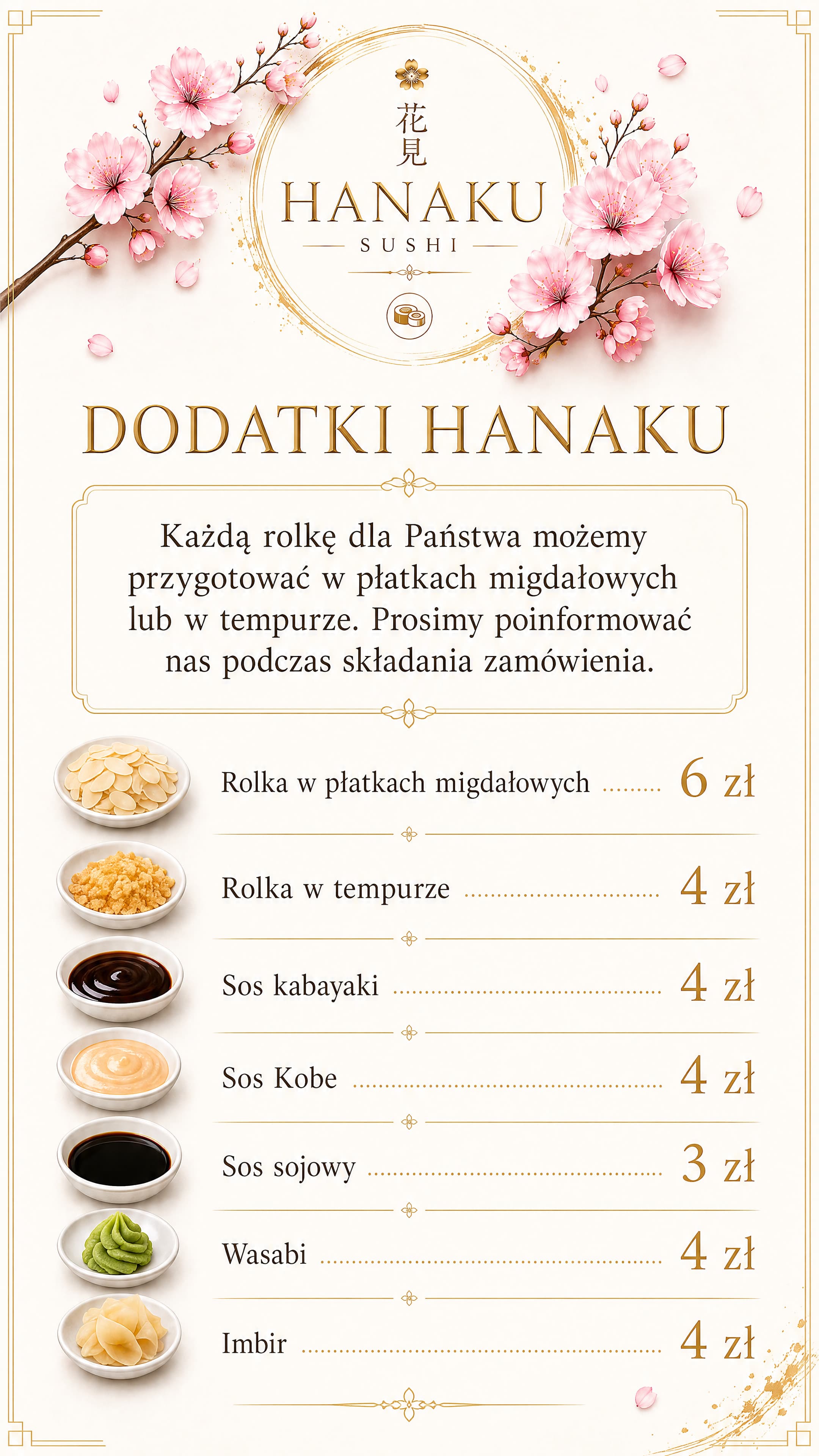 Plansza z dodatkami do rolek: płatki migdałowe, tempura i sosy, wraz z cenami.