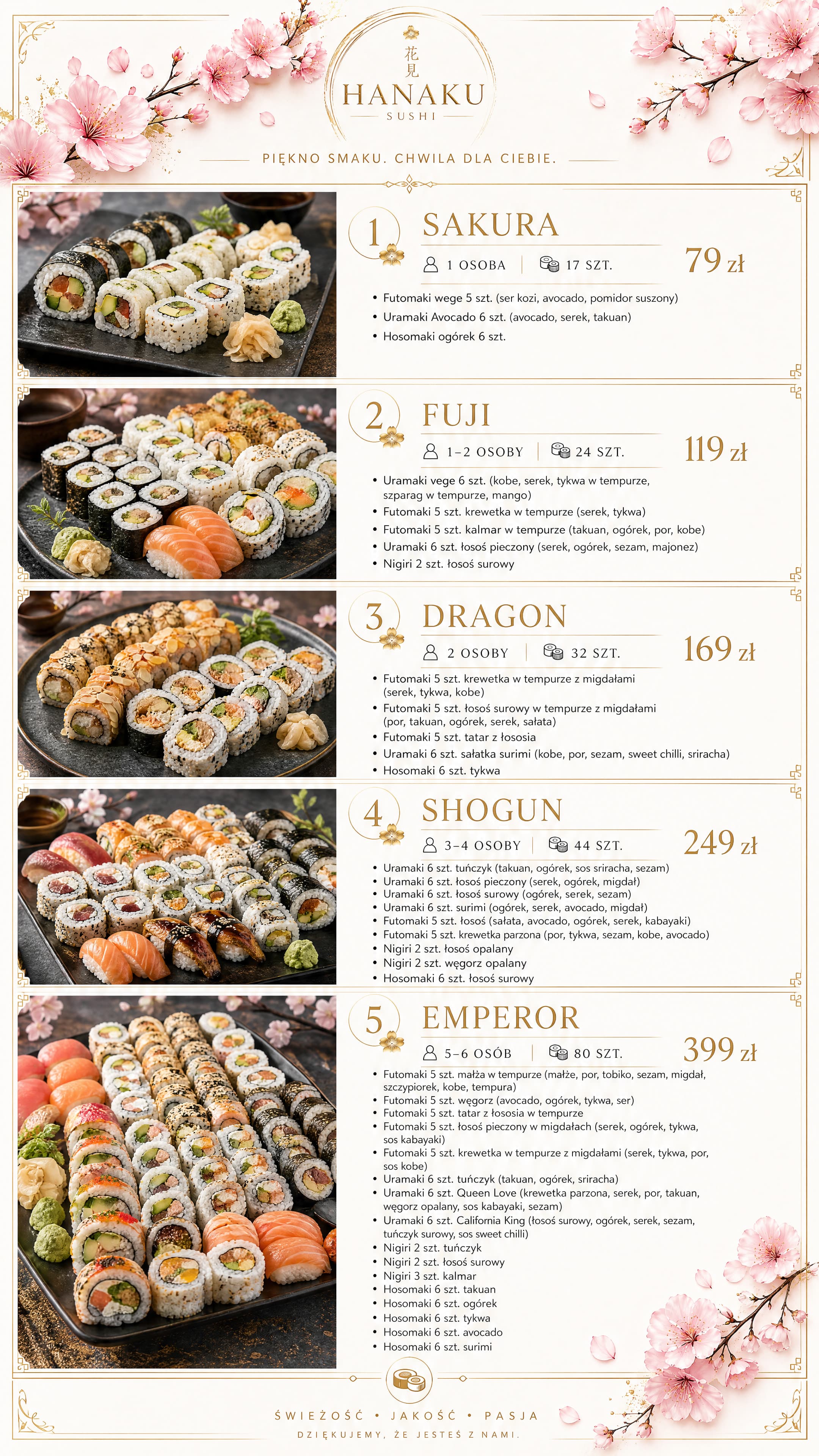 Plansza z pięcioma zestawami: Sakura, Fuji, Dragon, Shogun i Emperor, ze składem i ceną każdego.