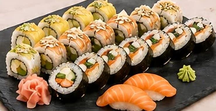 Zestaw Fuji: uramaki wege, futomaki z krewetką i kalmarem w tempurze oraz nigiri z łososiem.